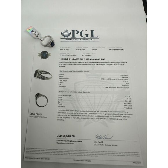 3.16 Ct Natural Sapphire and Diamond Ring, Cushion Cut with 14kt Gold Ring - Picture 3 of 7